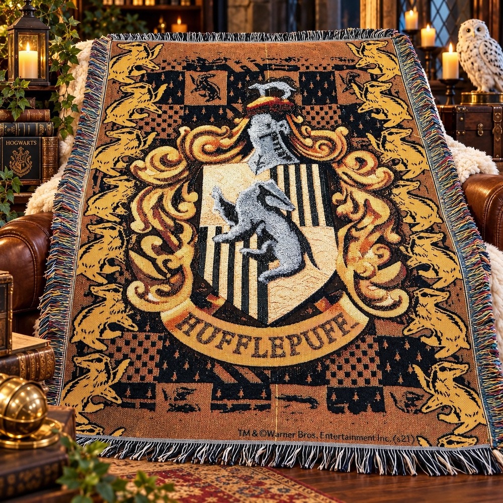 Harry Potter Hufflepuff Crest Woven Tapestry Throw Blanket Fringed 48x71 fandom